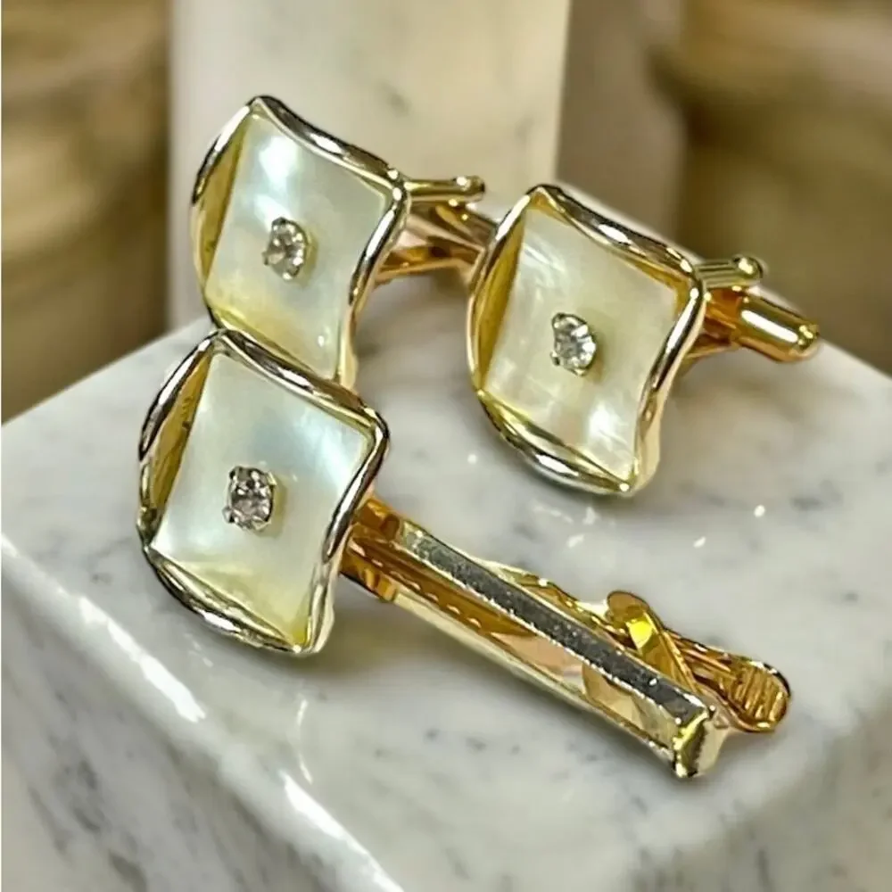Vintage Cufflinks and Tie Bar Gold Tone Mother of Pearl Rhinestone Wave Edge